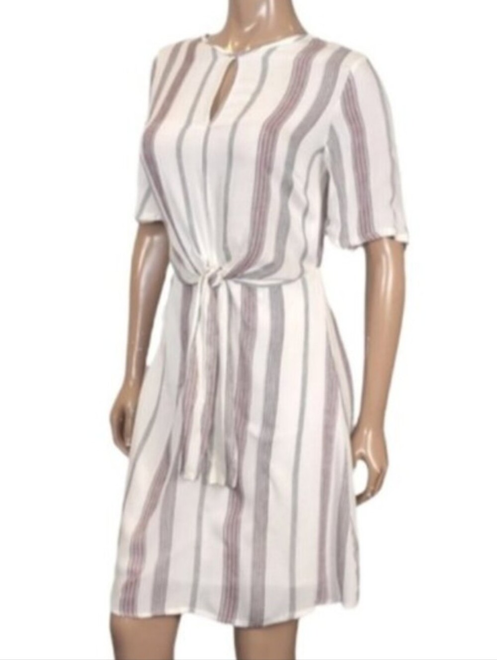 Japna Striped Tie-Front Keyhole Dress White Maroon Womens Size Medium